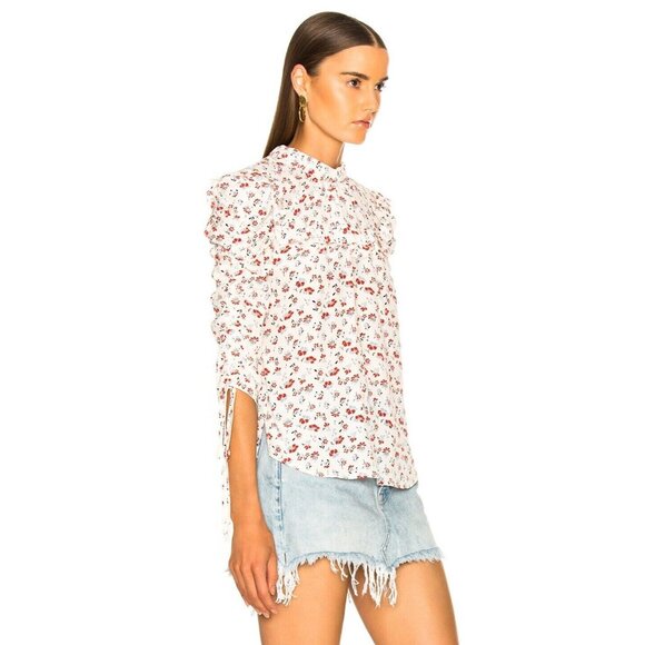 VERONICA BEARD Howell Red Floral Silk Ruffled Yoke Ruched Sleeve Blouse, Size 2 - Picture 3 of 16